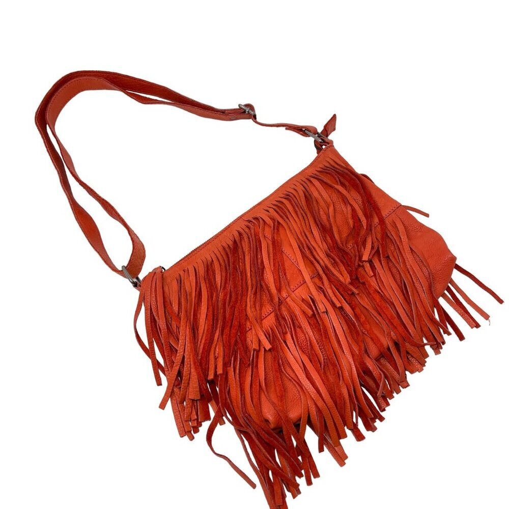 Cut n' Paste Fringe Orange Leather Purse Adjustable Strap Boho Slouchy